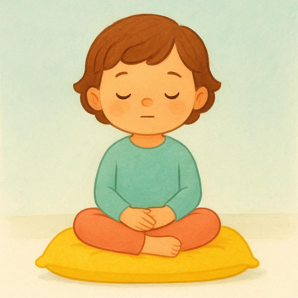 A child sitting still and quiet on a colorful cushion, demonstrating the action of being silent and refraining from speaking.