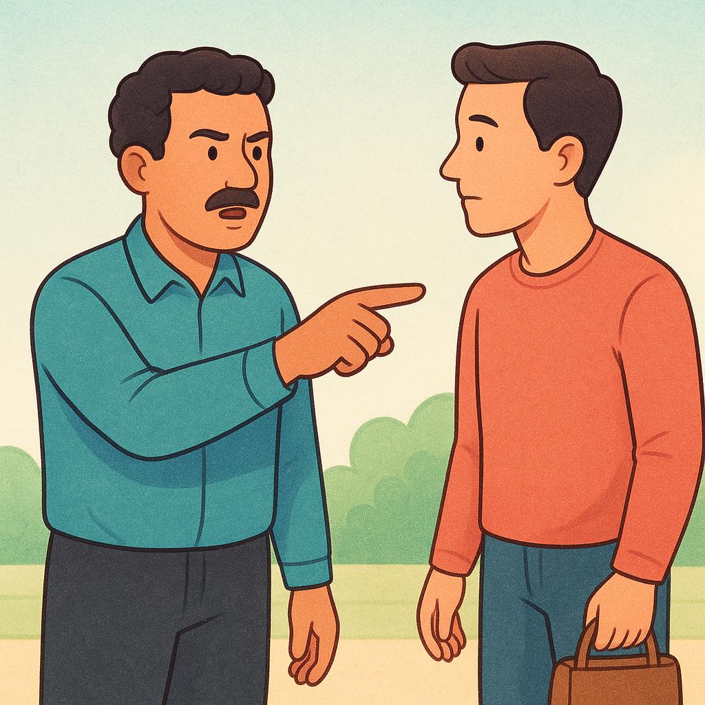 A high quality simple colorful storybook illustration showing two adult figures. One figure is speaking firmly and pointing off-screen to the right, giving a formal command. The second figure is standing attentively, ready to relay the message.