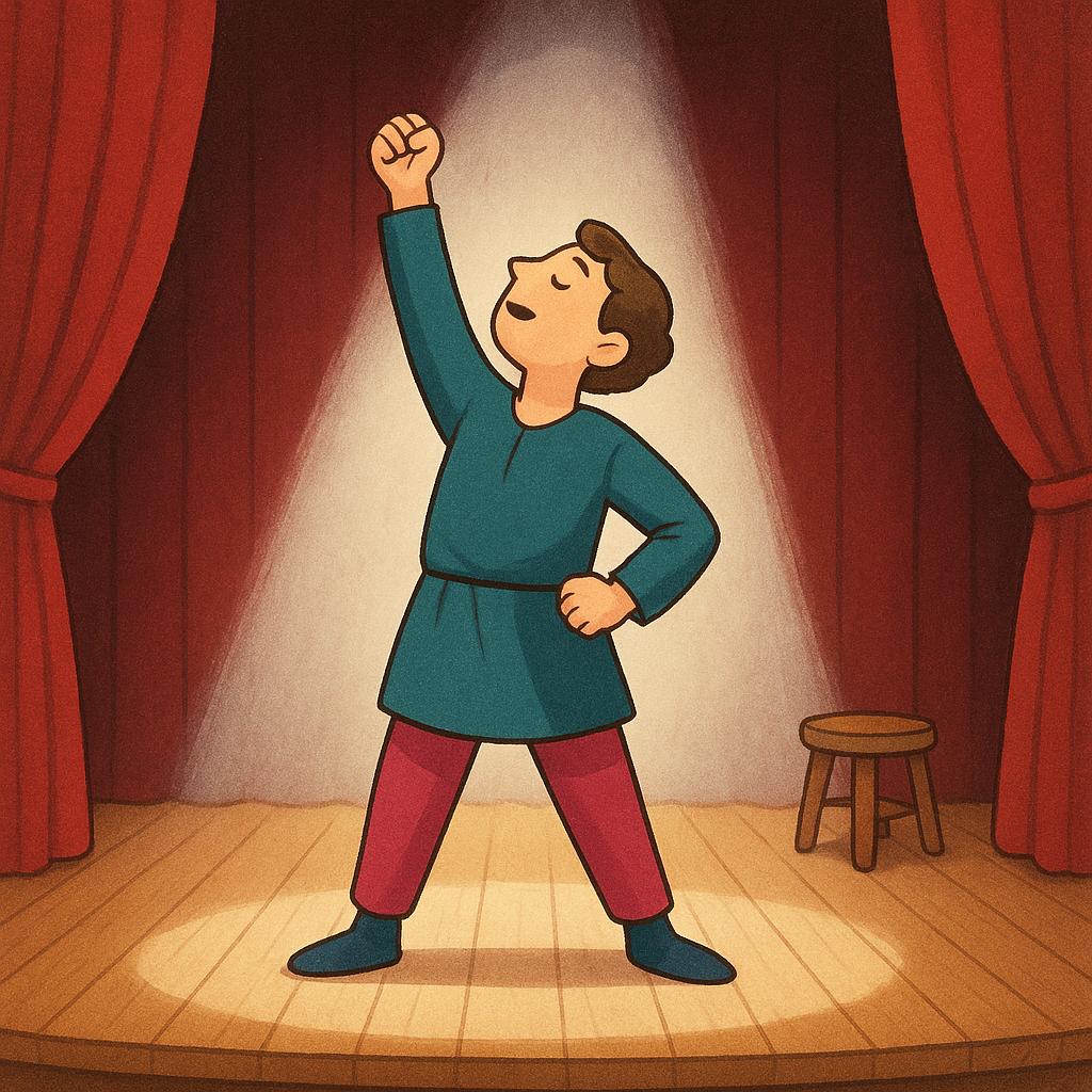 A colorful illustration showing an actor on a stage under a bright spotlight, taking a dramatic bow after a performance.