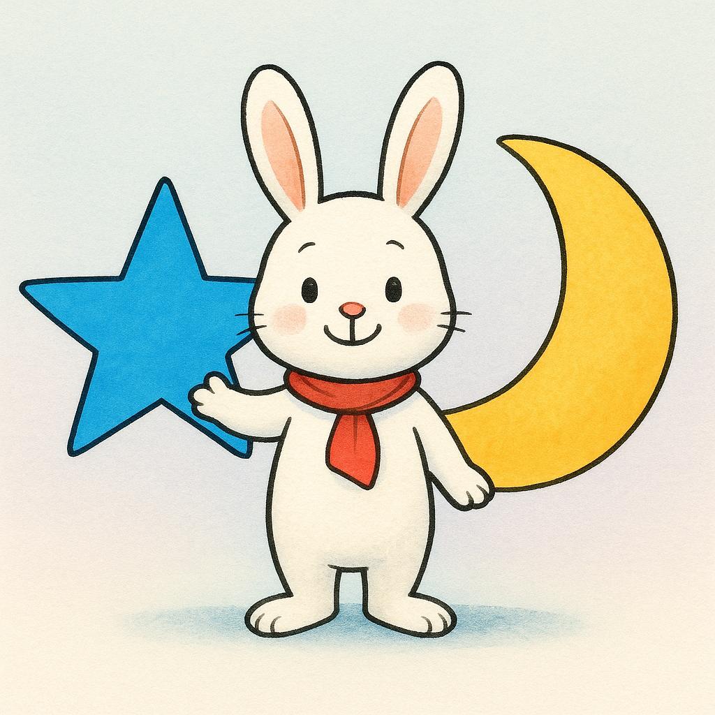 A friendly cartoon rabbit stands between two distinct colorful objects: a large blue star and a large yellow crescent moon. The rabbit is extending one paw and clearly touching the blue star, indicating a selection.