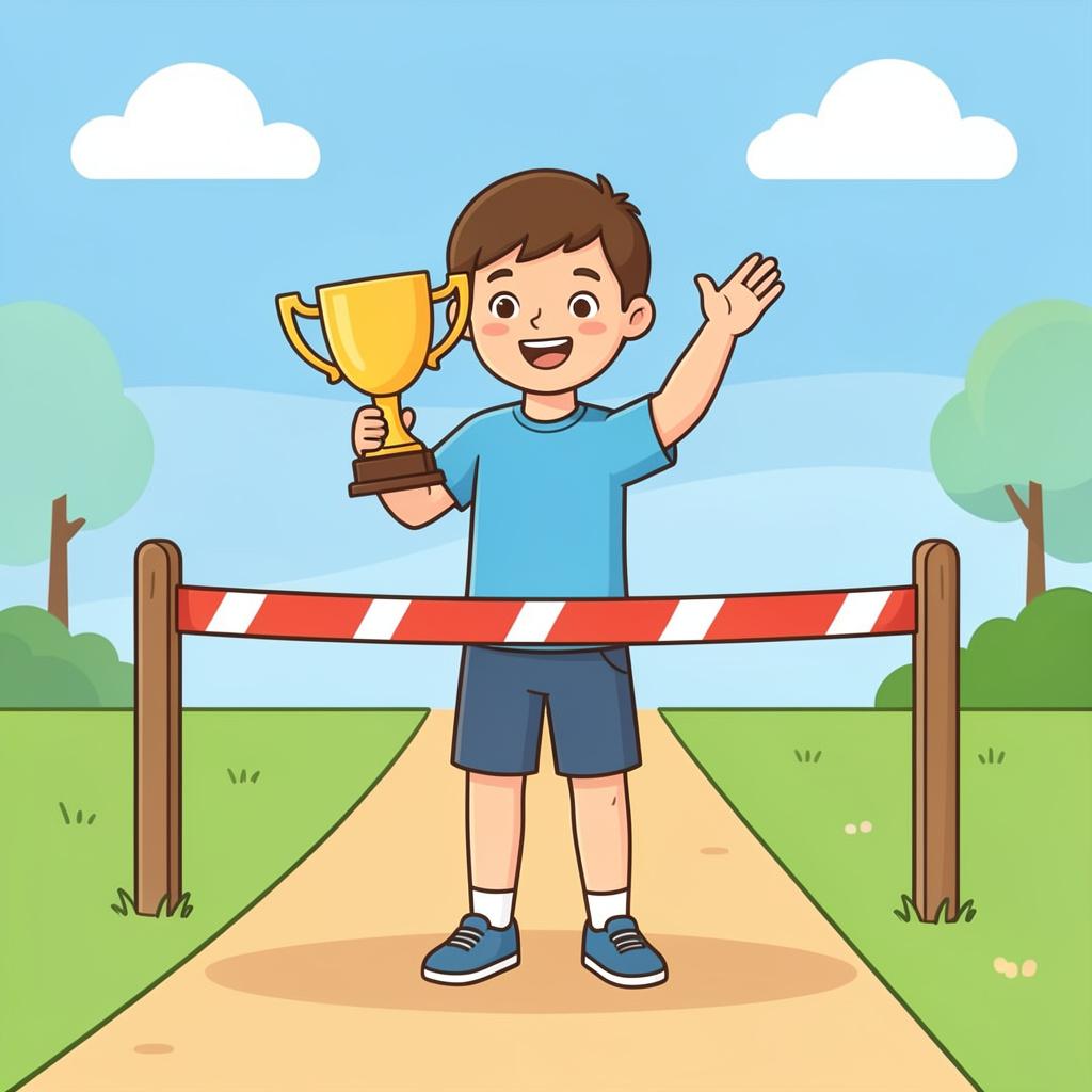 A person standing at the end of a long path, holding a trophy and smiling.