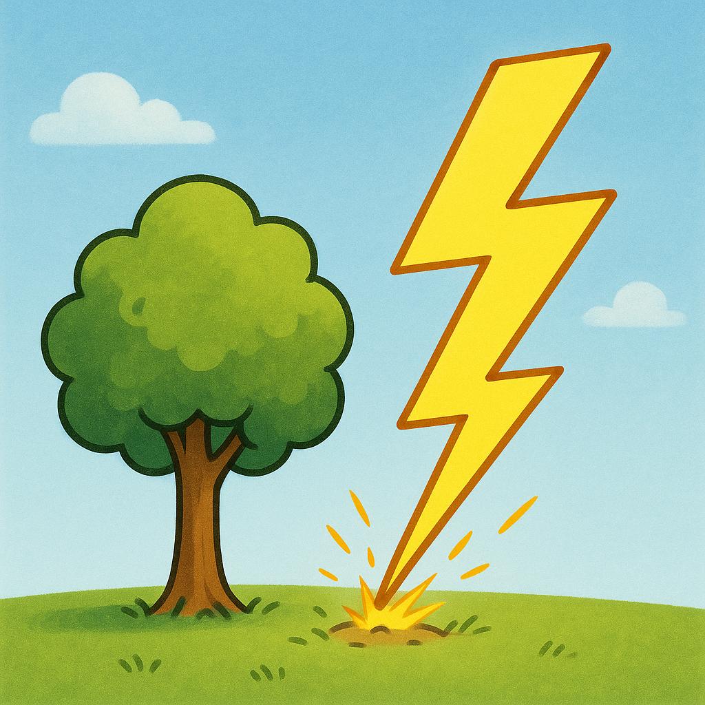A bright yellow lightning bolt suddenly striking the ground near a tree under a blue sky, illustrating a sudden event.