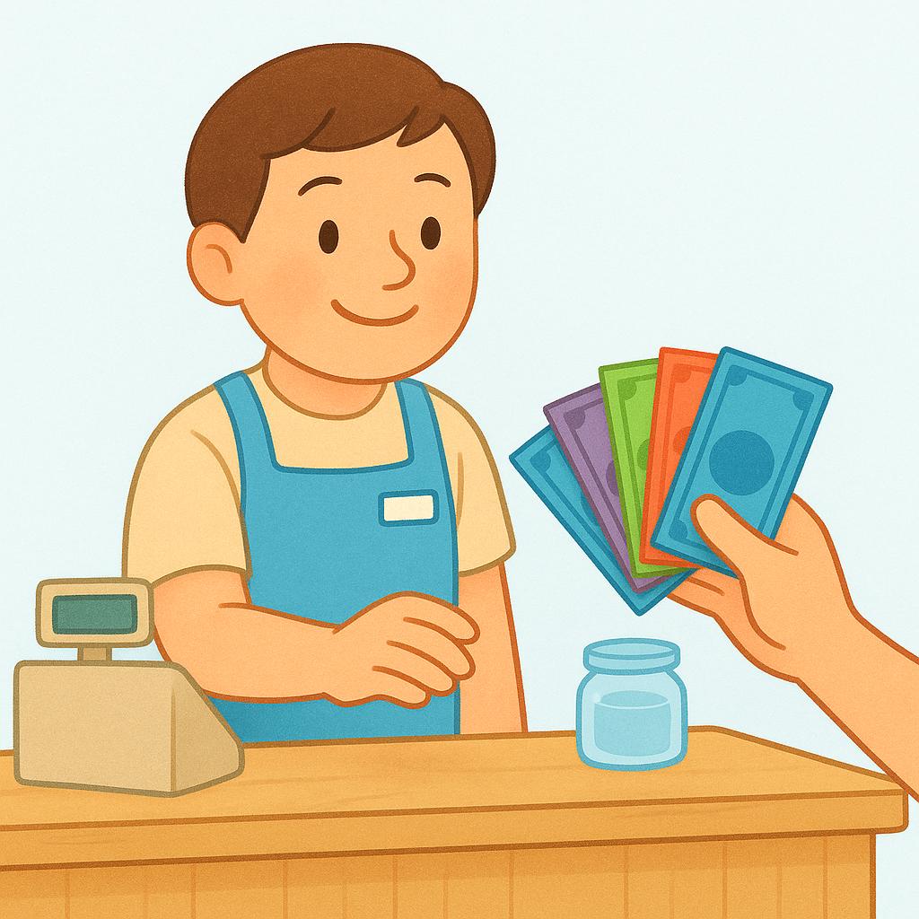 A friendly cashier standing behind a counter receiving a stack of money from a customer, illustrating the action of collecting payment.