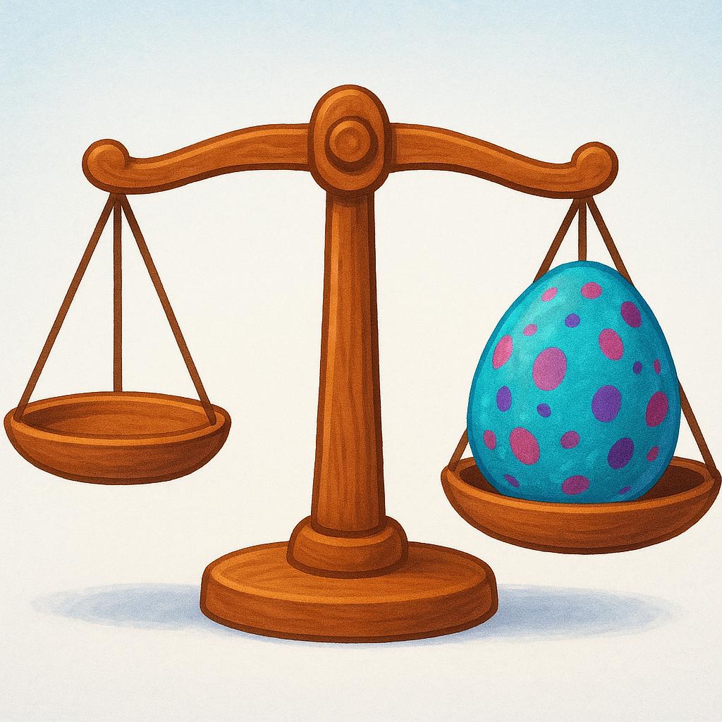 A high quality simple colorful storybook illustration of a traditional wooden balance scale. The right side is heavily weighted down by a large, brightly colored stone, causing the scale to be tipped sharply down, visually representing high likelihood.