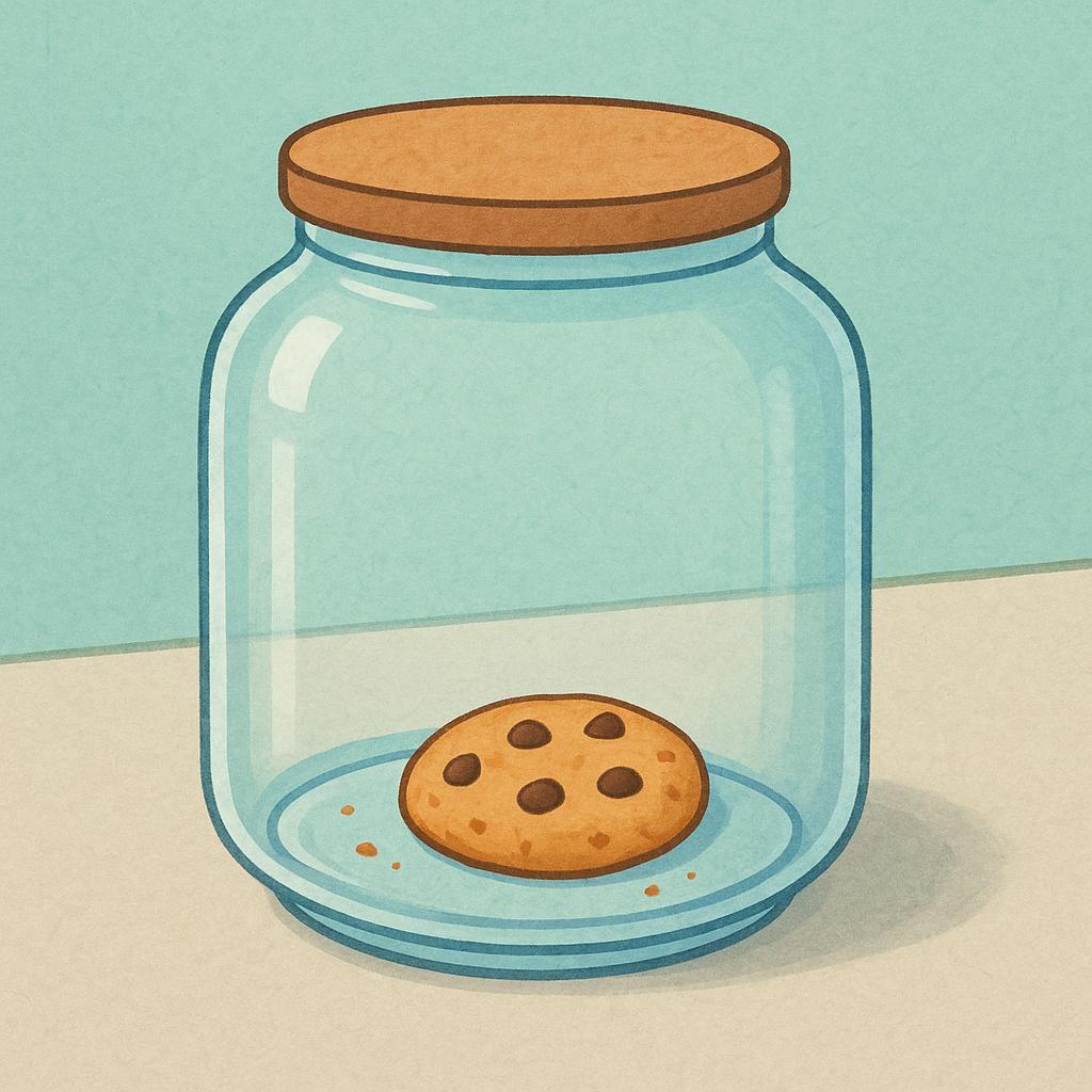 A large, clear glass jar that is mostly empty, containing only one chocolate chip cookie at the bottom.