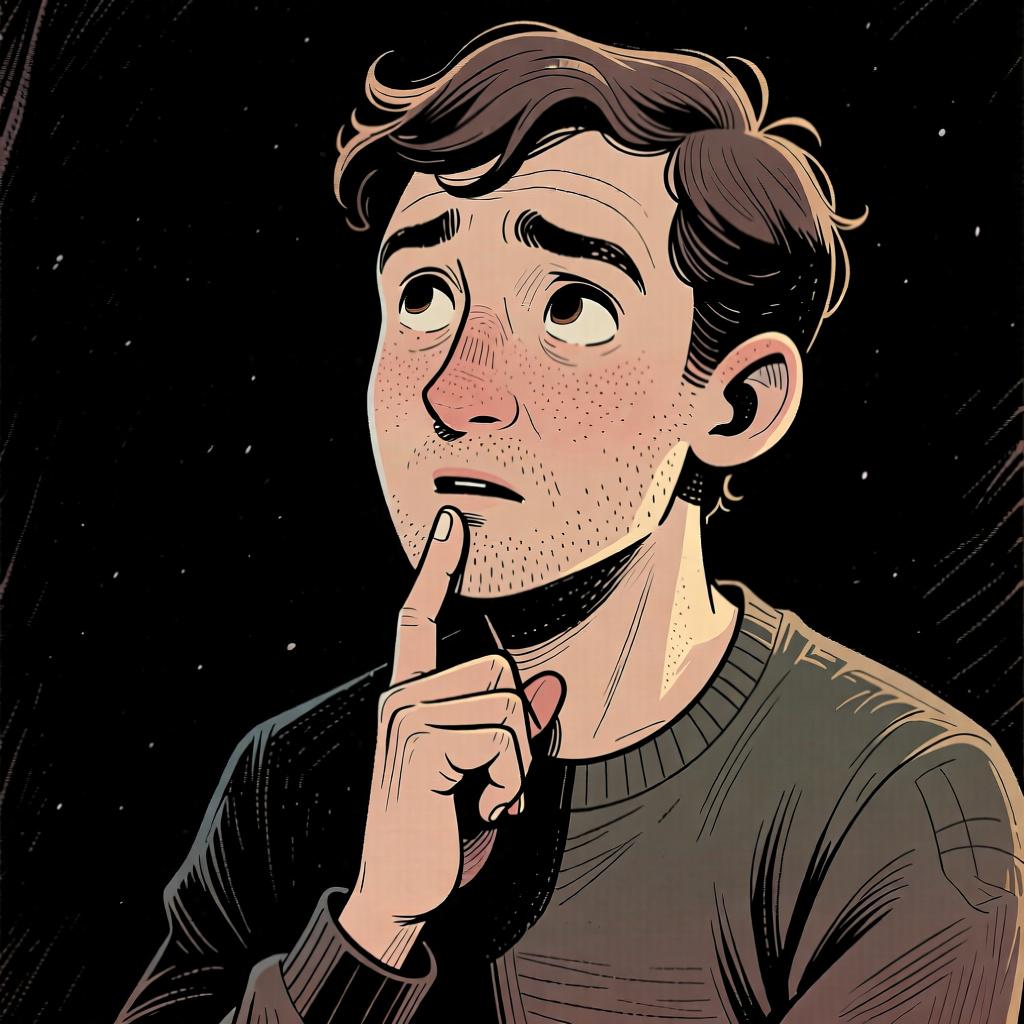 A person pausing in conversation, tapping their chin thoughtfully before speaking.