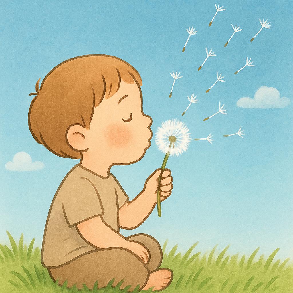 A high quality simple colorful storybook illustration showing a small child blowing the seeds off a dandelion puff, symbolizing making a wish.