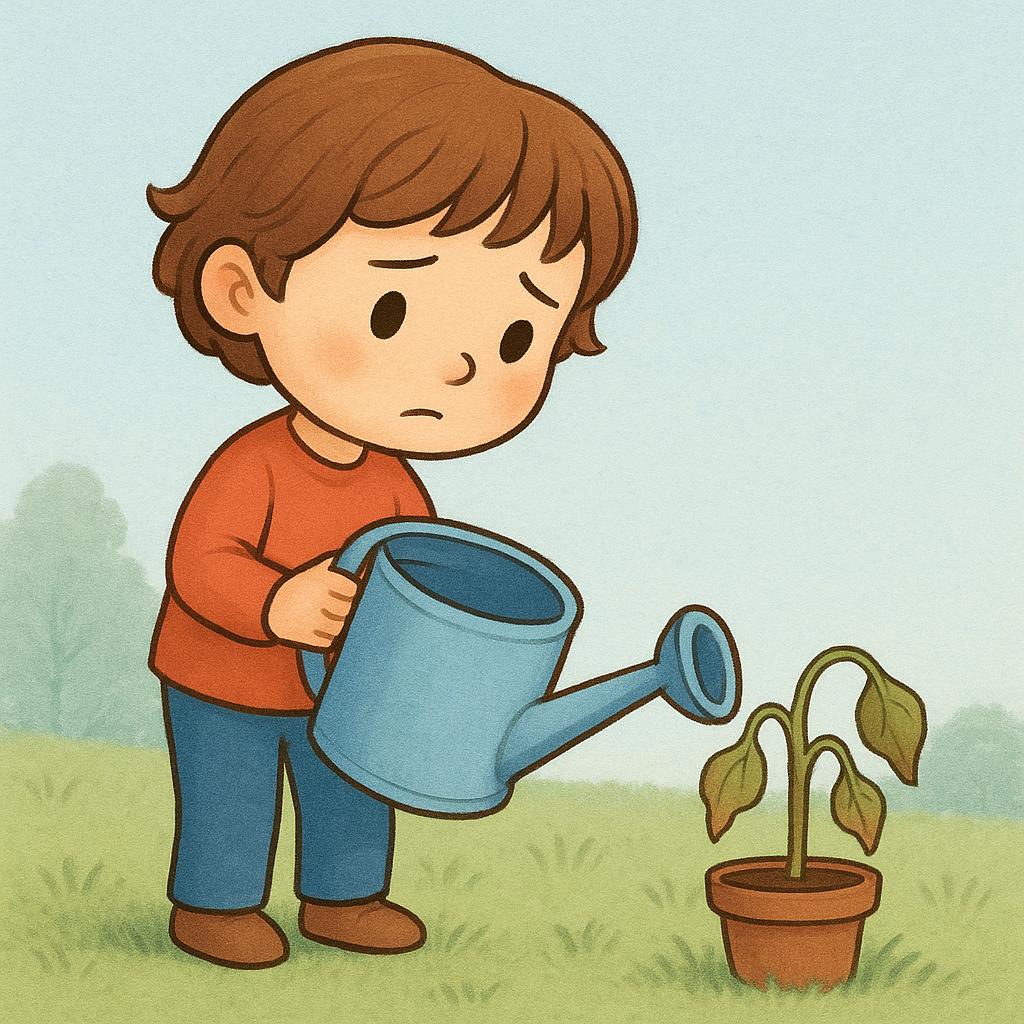 A colorful storybook illustration showing a child holding an empty, oversized watering can. The child is looking intently at a small, wilting plant nearby, symbolizing a future requirement.