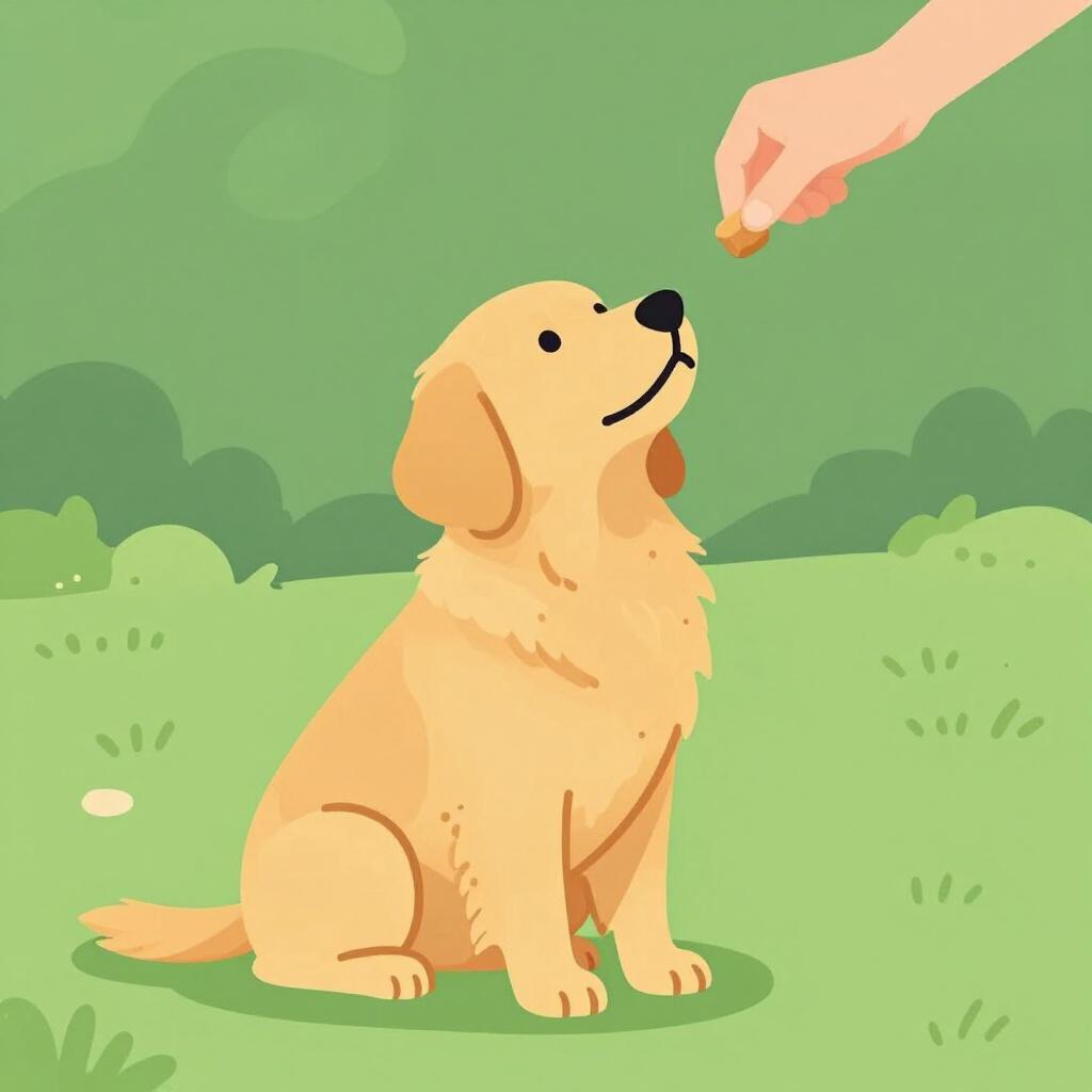 A well-behaved dog sitting patiently and looking at its owner while wearing a leash.