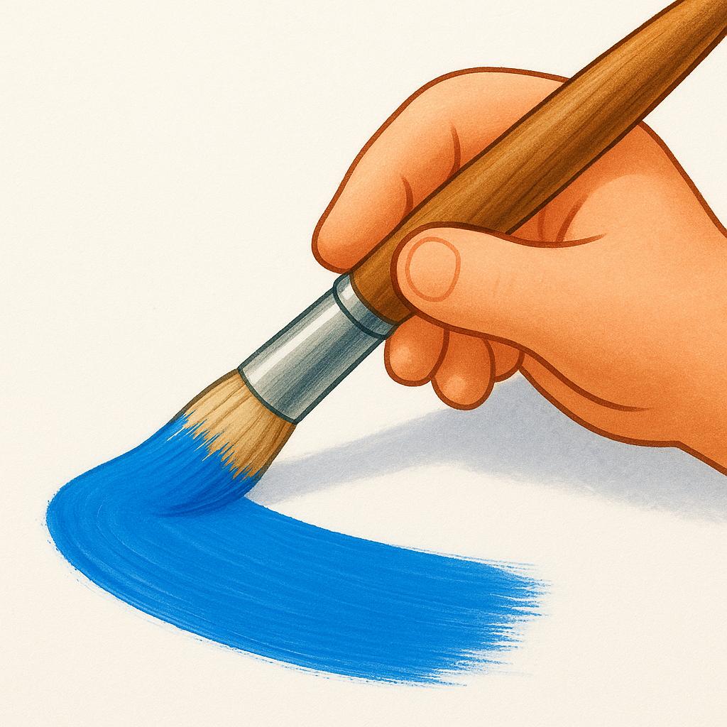 A close-up view of a child's hand holding a wooden paintbrush, actively applying a thick streak of bright blue paint onto a white canvas.