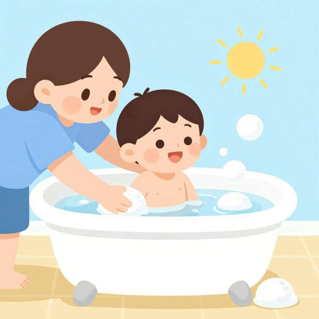 A parent gently washing a young child in a small bathtub with soap bubbles.