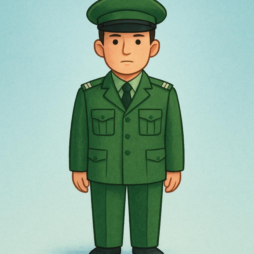 A person in a crisp, simple military uniform with clear rank insignia on the shoulders, standing at attention, representing a lieutenant.