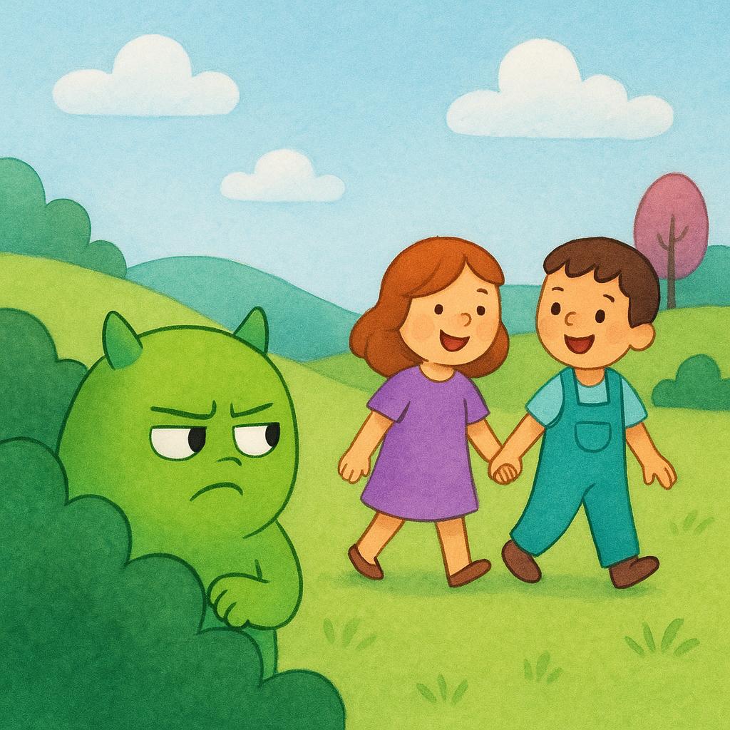 A small green monster looking suspiciously and sadly at two happy, cartoonish characters holding hands, illustrating jealousy.