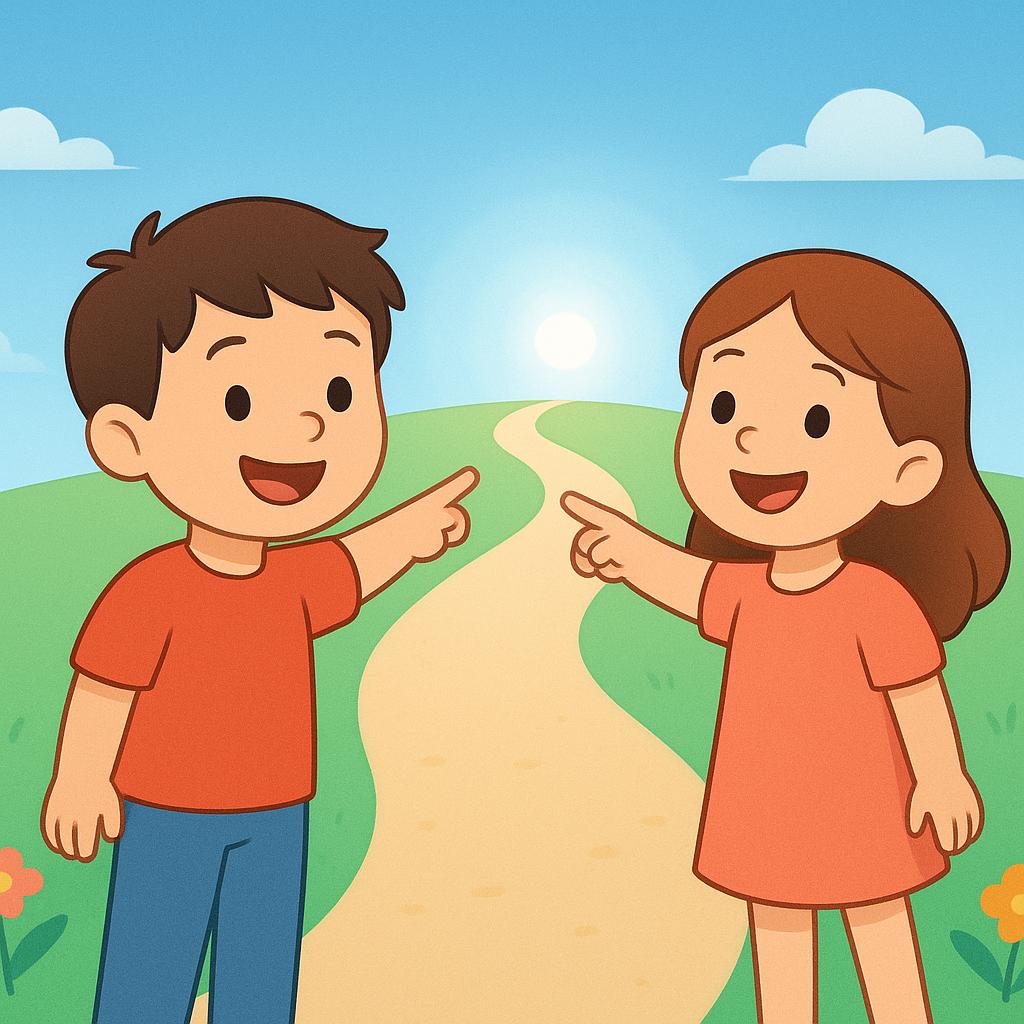 A colorful storybook illustration showing two smiling children, a boy and a girl, standing together and pointing enthusiastically toward a bright, clear path leading to a glowing destination on the horizon.