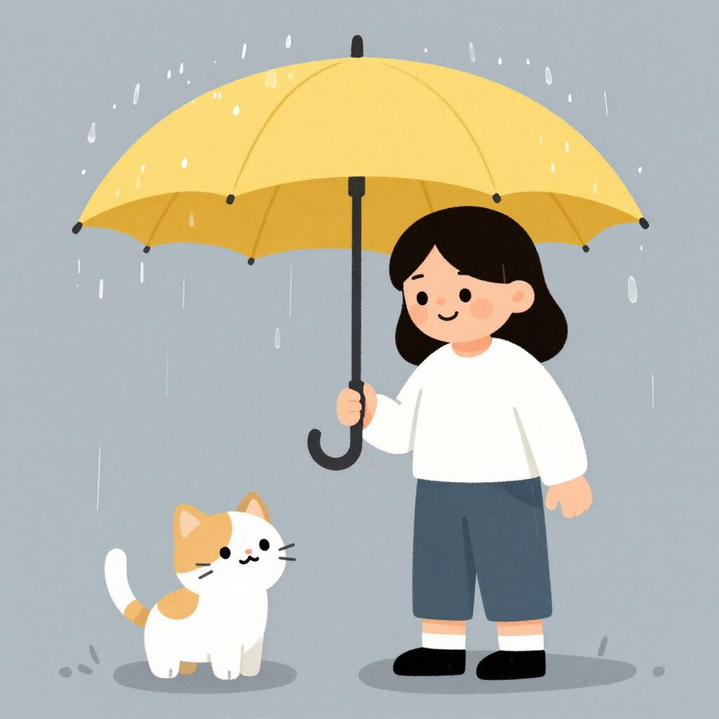 A friendly person sharing an umbrella with a shivering cat in the rain.
