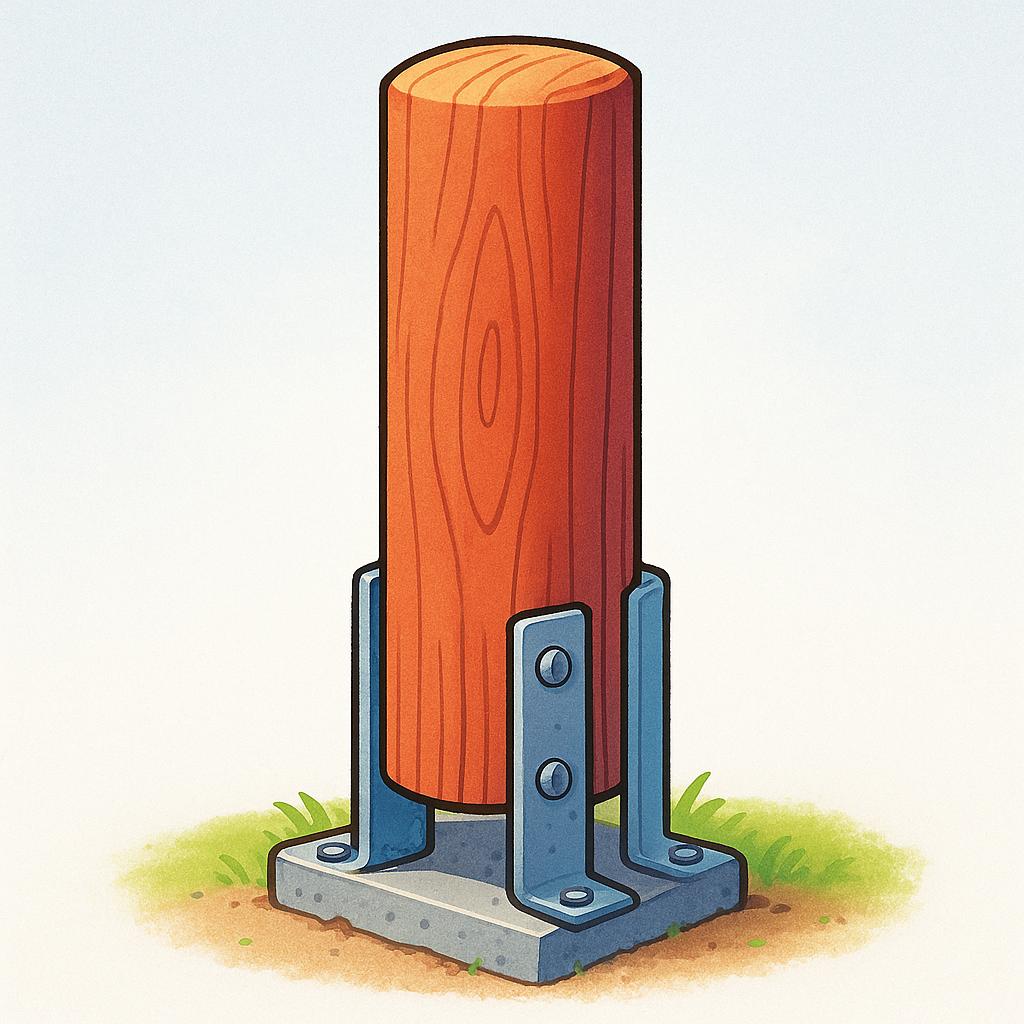 A thick wooden post bolted securely to a stone ground, illustrating something being fixed and unmoving.