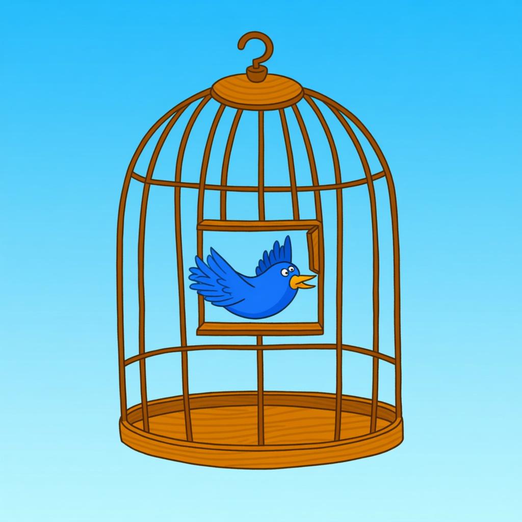 A small blue bird flying joyfully away from a large, open, wooden cage, symbolizing freedom and being at liberty.