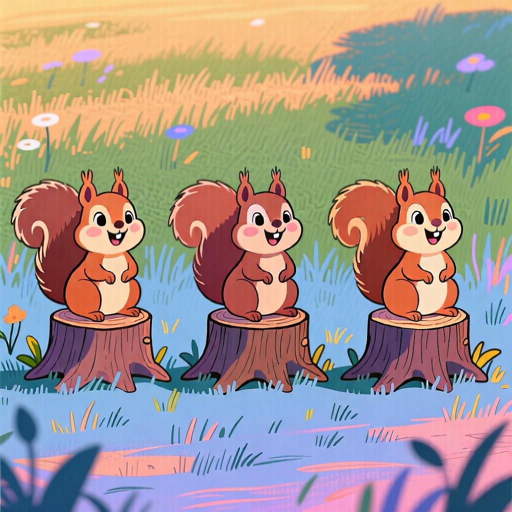 A cheerful cartoon squirrel is shown performing the same action: sitting on a small wooden stump. The squirrel is depicted three separate times across the image, illustrating three distinct instances or occurrences.