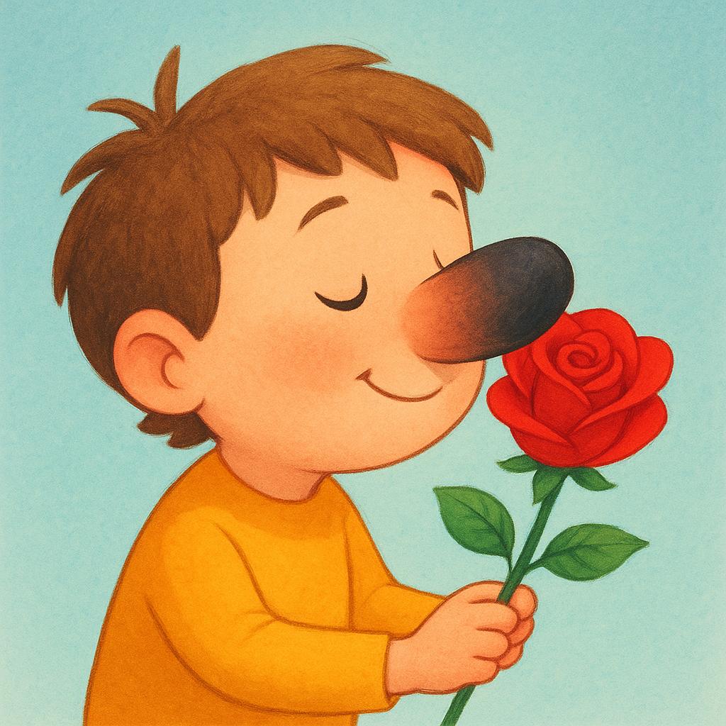 A cartoonish child leans down, closing their eyes, and intensely sniffs a large, vibrant red rose held in their hands.
