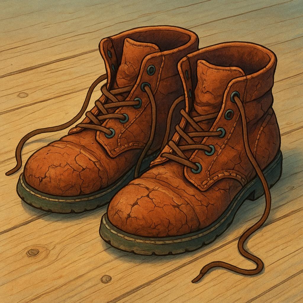 A pair of heavily worn, cracked brown leather boots lying on a wooden floor, showing signs of age and extensive use.