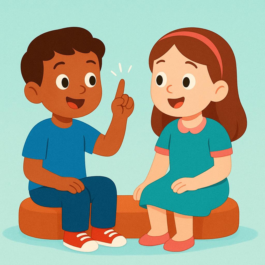 Two simple, colorful figures (a boy and a girl) sitting together, both simultaneously raising an index finger to indicate a shared realization or knowledge.
