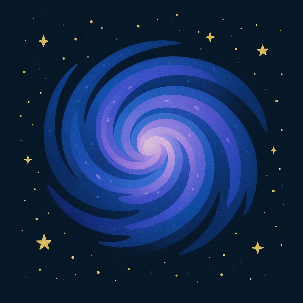 A colorful illustration of a spiral galaxy with swirling arms made of stars against a dark blue background.