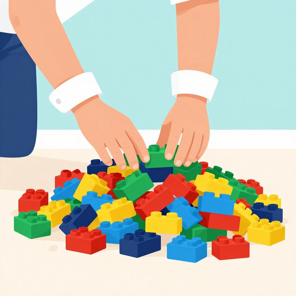 A person rolling up their sleeves and preparing to organize a large messy pile of colorful building blocks.
