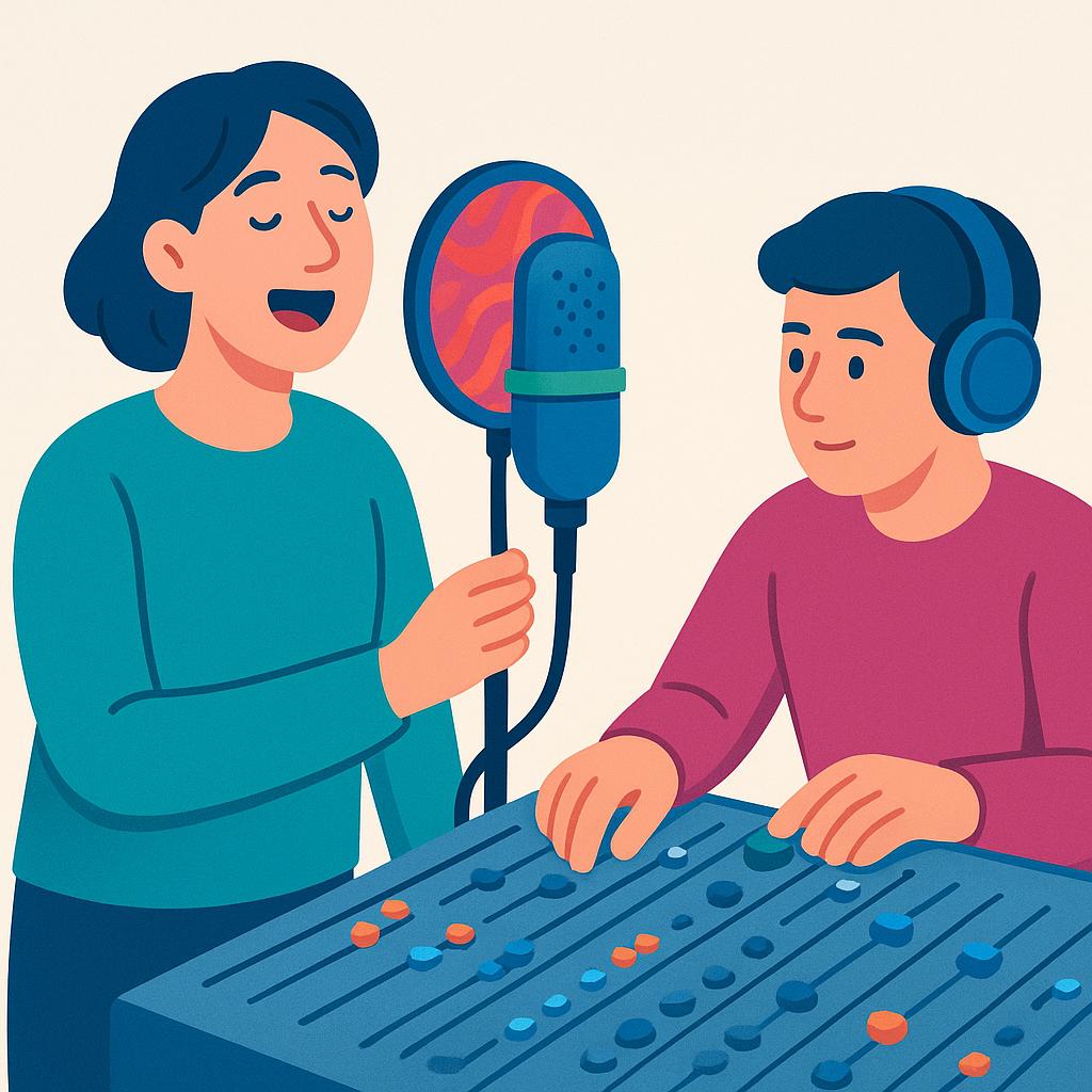 A colorful illustration showing a person recording vocals into a studio microphone, with an engineer monitoring the sound.