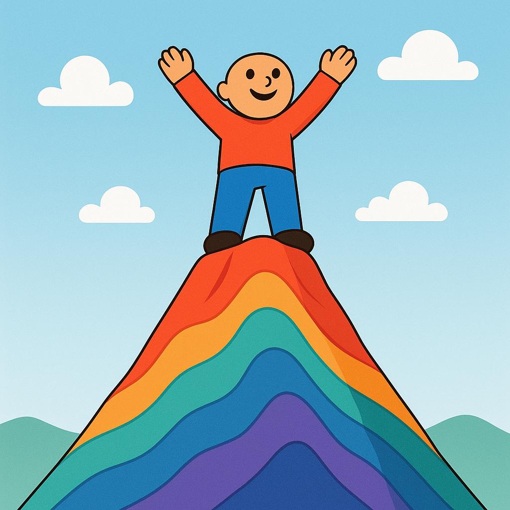 A simplified character standing on the summit of a mountain with arms raised in triumph, symbolizing achieving a goal.