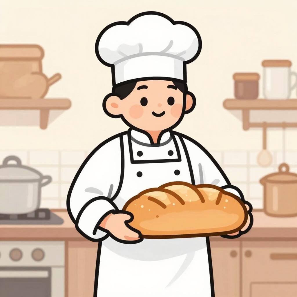 清潔なシャツの上にパリッとした白いシェフ帽と白いエプロンをつけた、フレンドリーなパン職人。