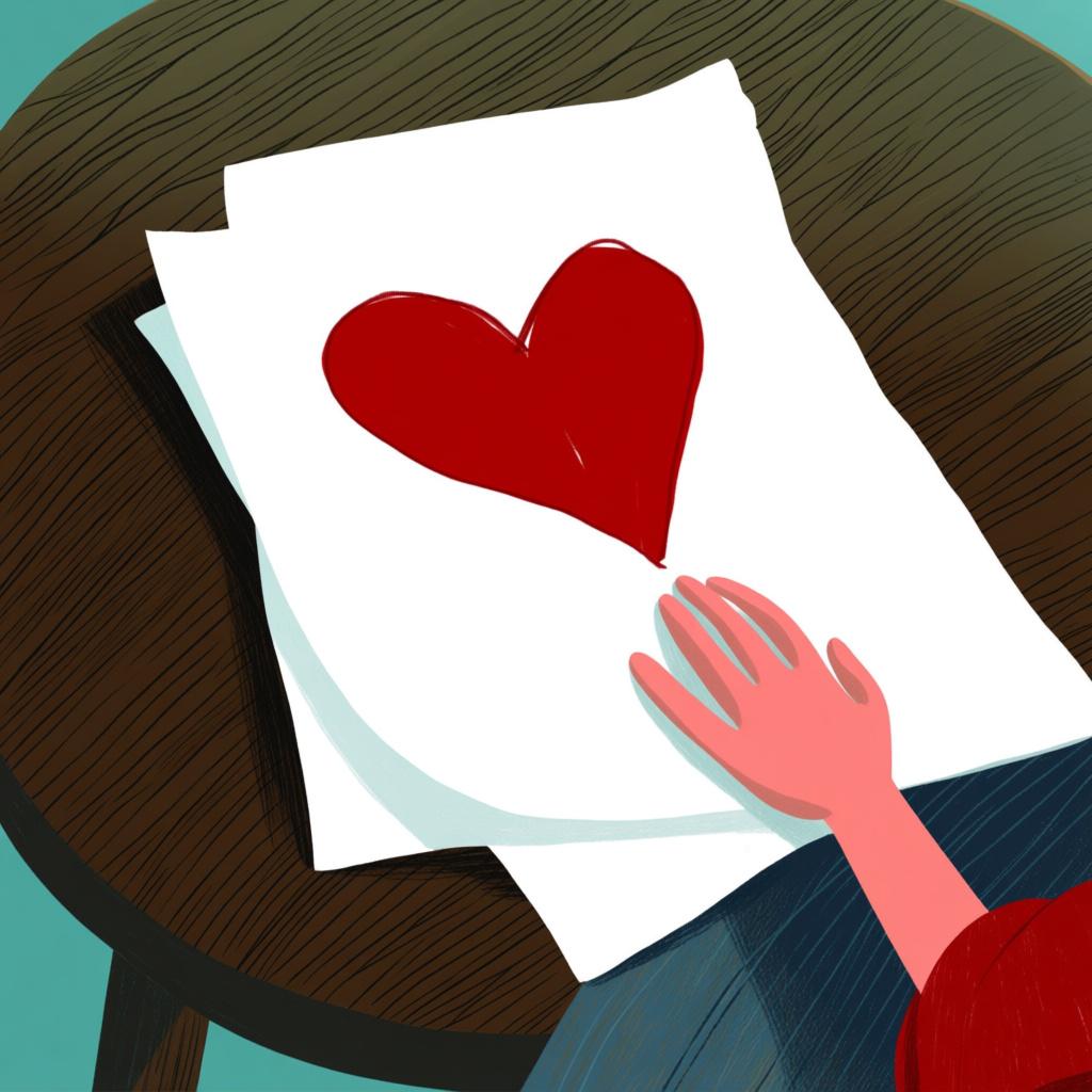 A hand writing a letter on paper, with a large red heart drawn at the top of the page.