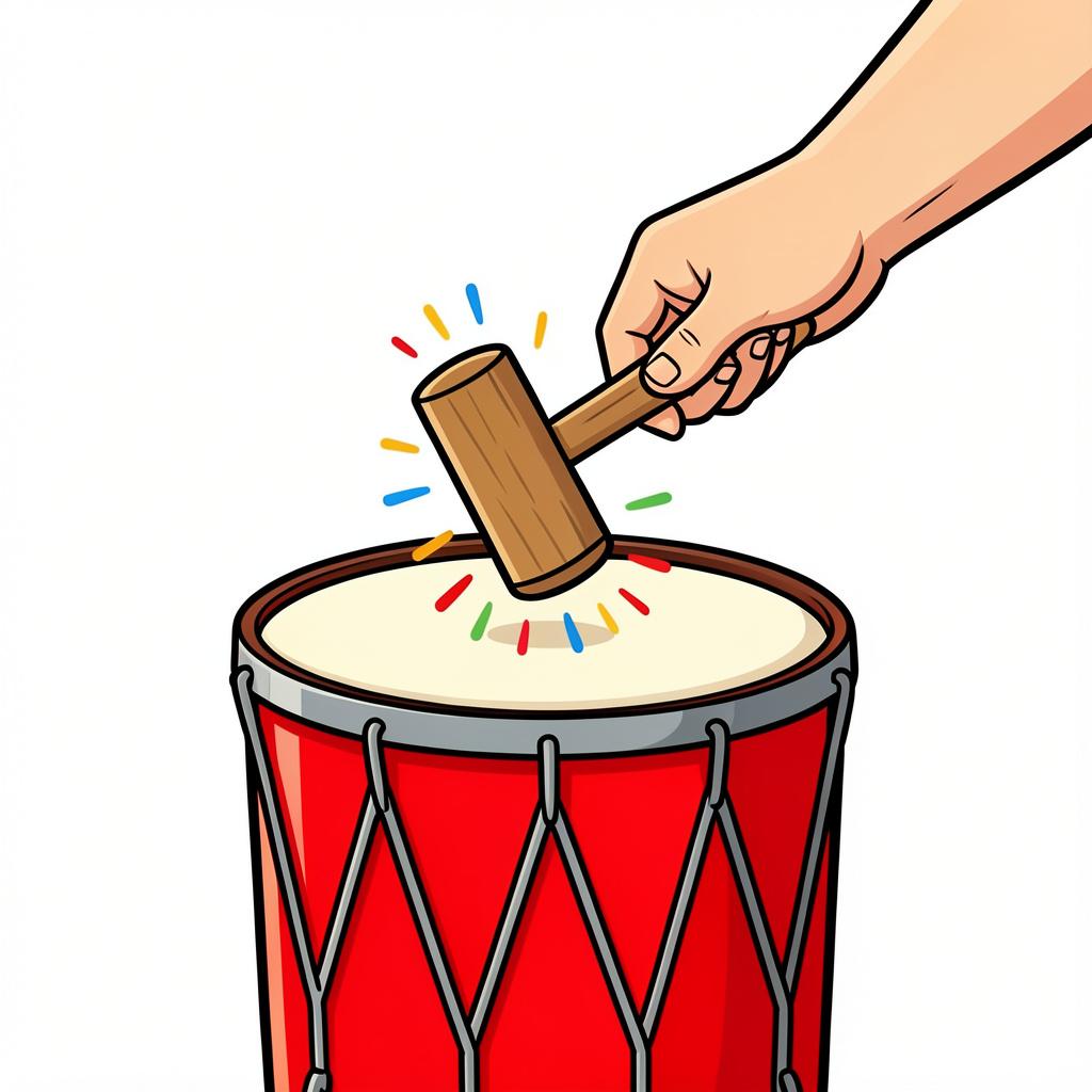 A person's hand using a wooden mallet to strike a colorful drum.