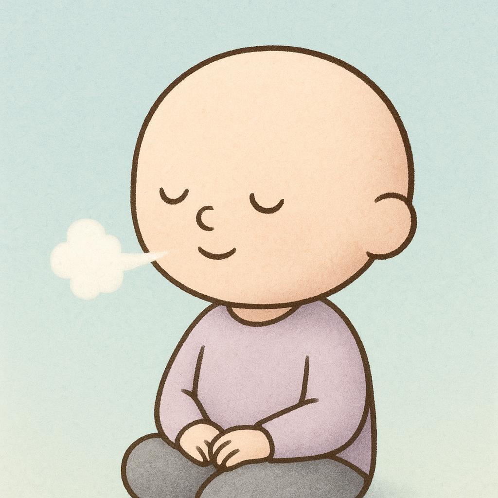 A simple, colorful illustration of a calm, round-headed figure taking a deep breath, with a small cloud of white vapor visible as they gently exhale.