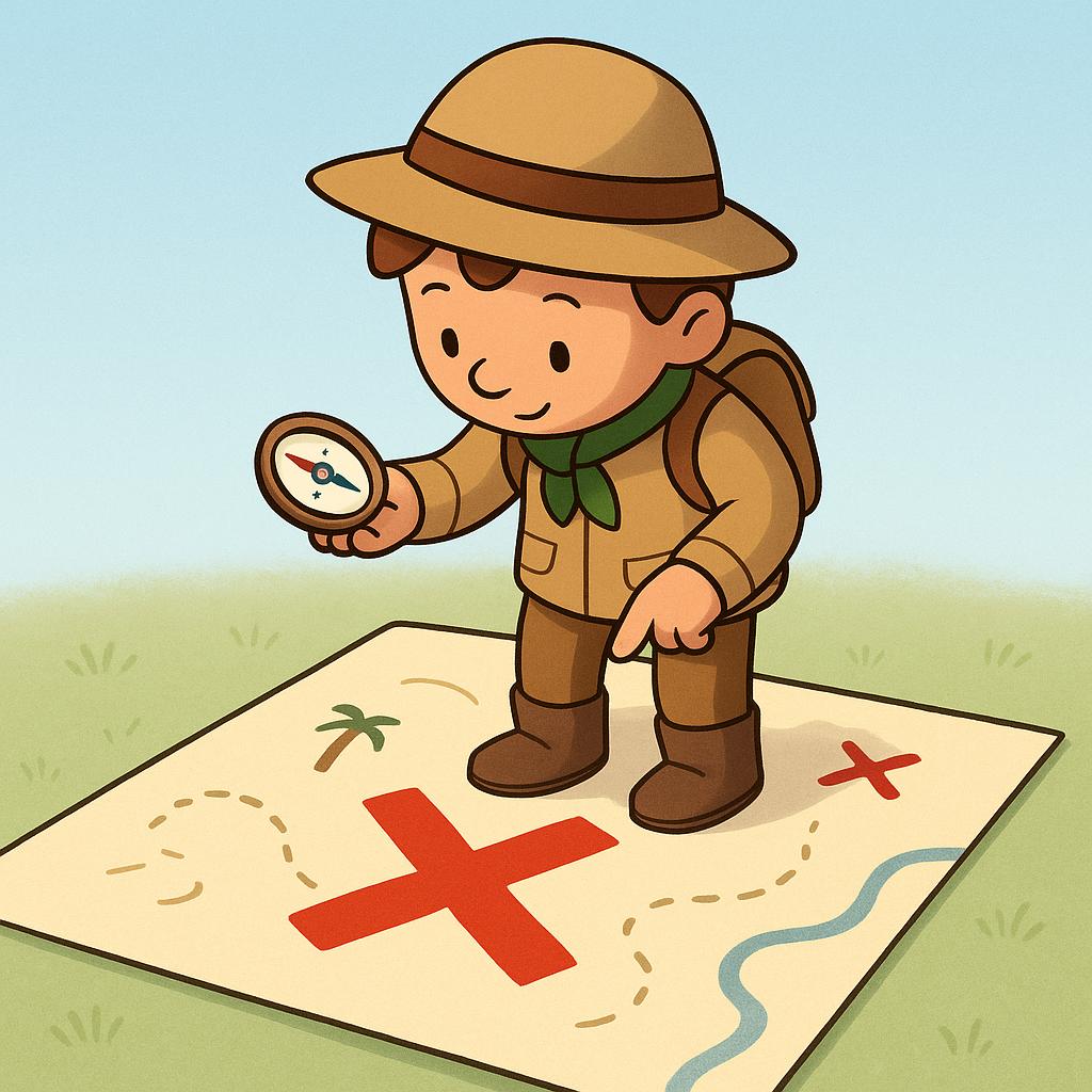 An explorer standing exactly on a large red 'X' marked on a treasure map lying on the ground.