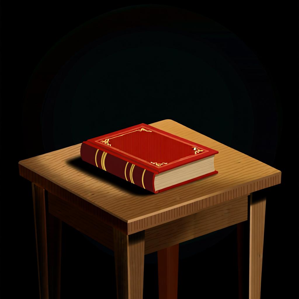 A red book resting on a wooden table, illustrating the Spanish word 'en' for location.