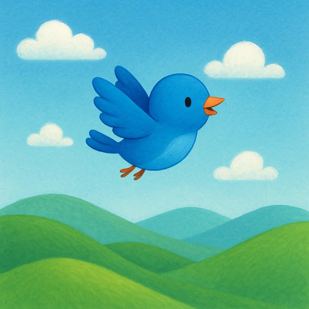 A small, brightly colored blue bird soaring high through a clear blue sky, depicted in a simple storybook style.