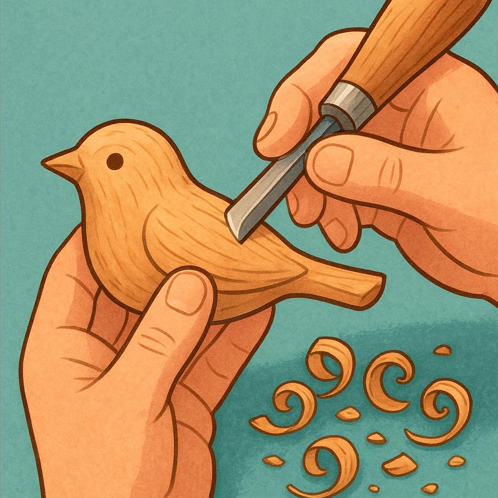 A close-up view of a person's hands expertly using a small, sharp chisel to carve a detailed, smooth wooden figure, showing precision and skill.