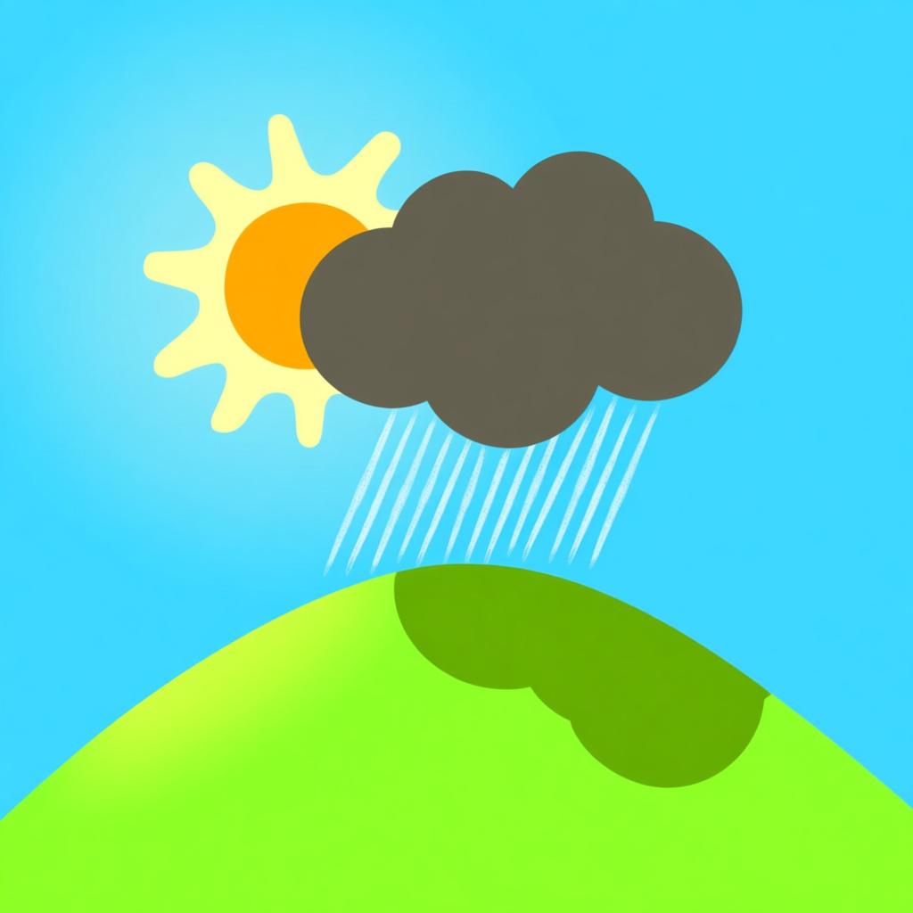 A bright, sunny landscape featuring a green hill. A single, large, dark grey rain cloud is moving quickly into the sunny area, casting a noticeable shadow below, symbolizing a high probability of rain.