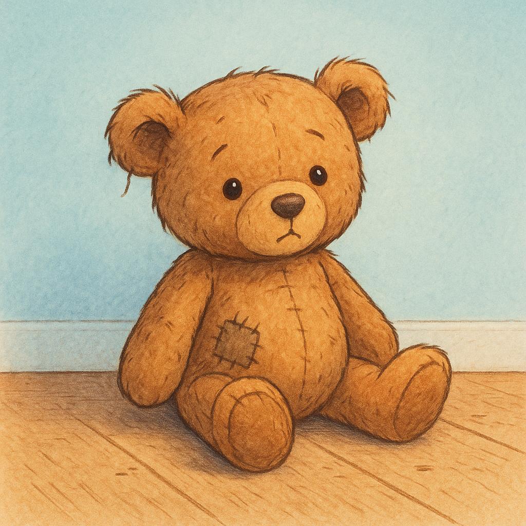 A small, slightly worn teddy bear sitting alone on a wooden floor, illustrating an object that has been previously employed or consumed.