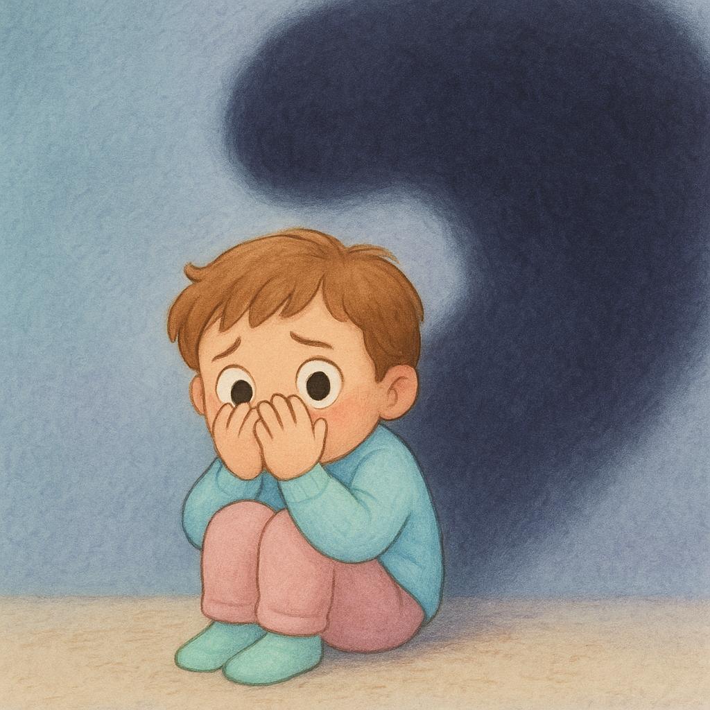 A storybook illustration of a small, frightened child huddled on the floor, shielding their face from a towering, ominous shadow.