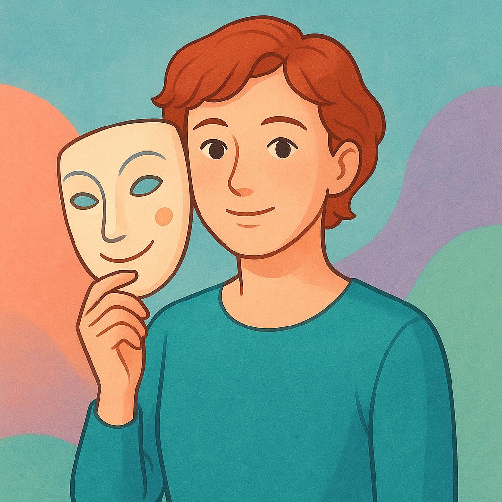 A figure gently holding a stylized mask away from their face, revealing a clear, open expression underneath, symbolizing honesty.