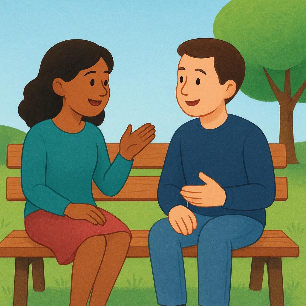 Two people sitting on a park bench engaged in a friendly conversation.