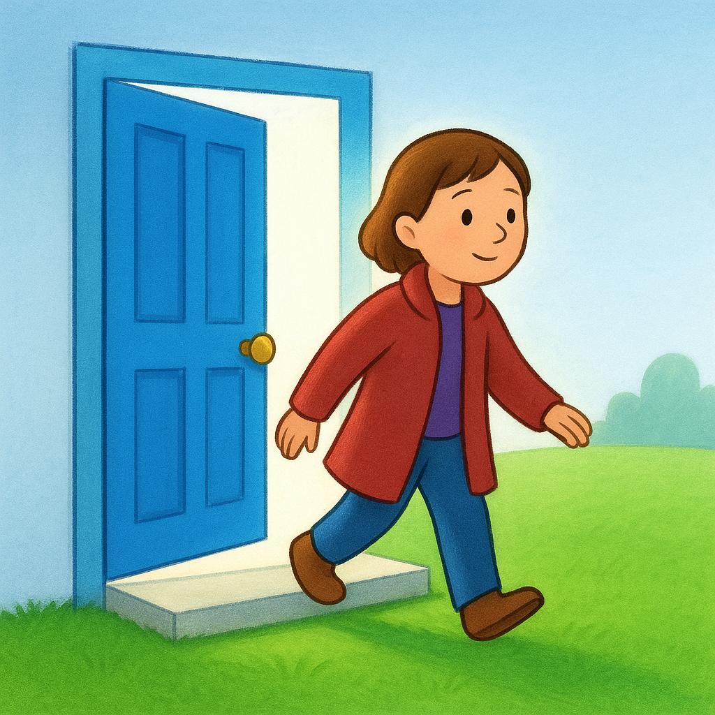 A person stepping through an open, brightly lit blue door, moving from an indoor space to an outdoor garden.