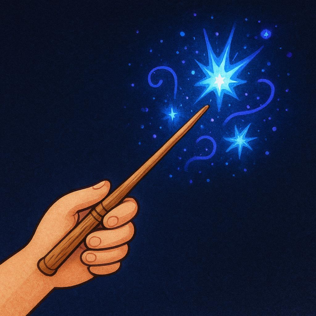 A close-up view of a hand holding a wooden wand that is actively shooting bright blue and purple magical sparks.