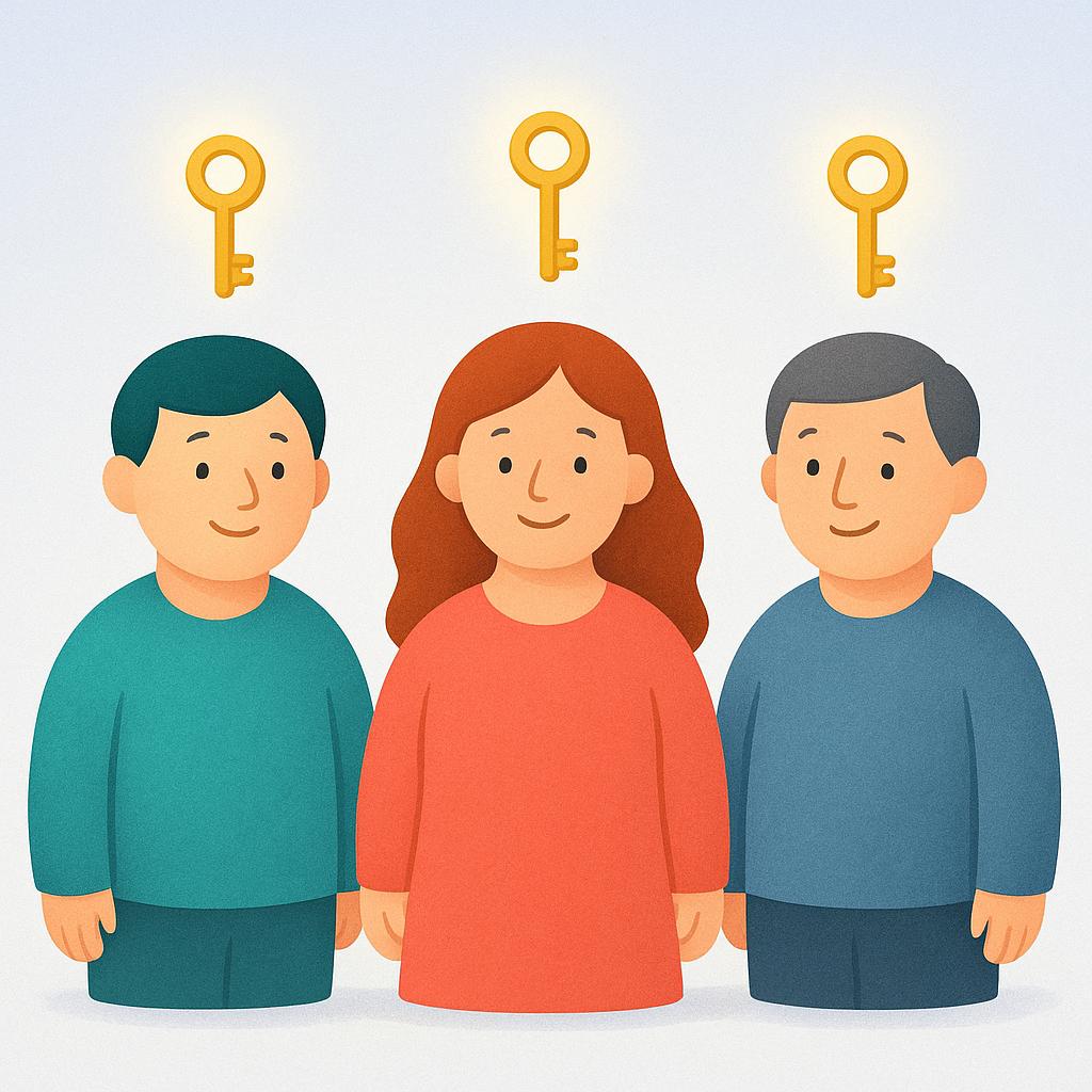 Three stylized figures standing side-by-side. Above the head of each figure, a small, identical, glowing golden key appears, symbolizing the simultaneous act of recalling a shared memory or instruction.
