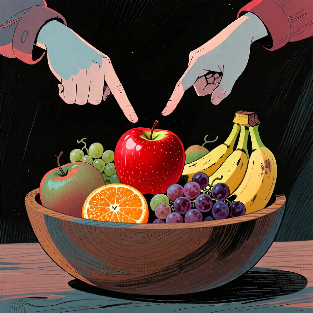 A person's hand pointing to a single red apple in a large bowl filled with many other types of fruit.