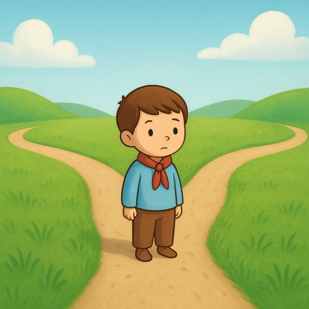 A small figure stands at a fork in a dirt path in a brightly lit meadow, looking thoughtfully at the two diverging routes, symbolizing uncertainty or possibility.
