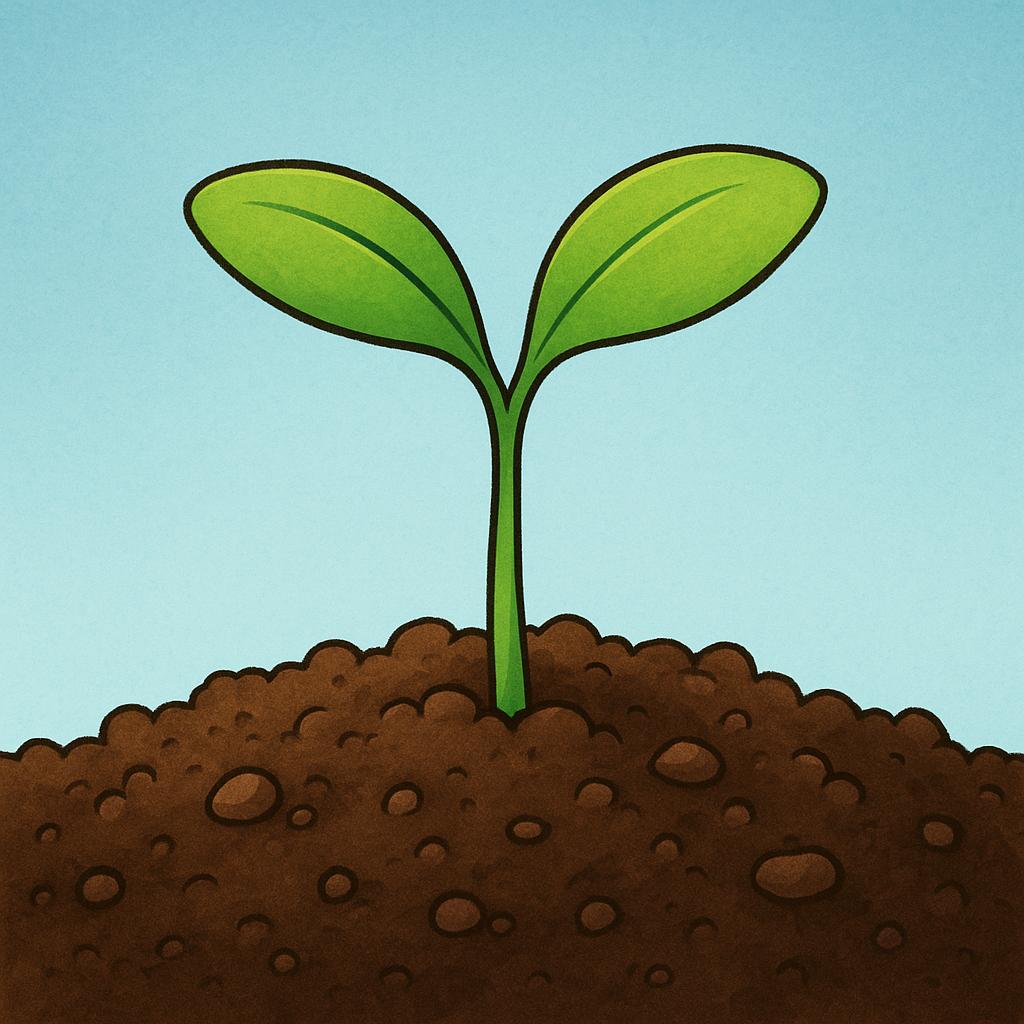A small green sapling plant pushing up through dark brown soil, illustrating physical growth.