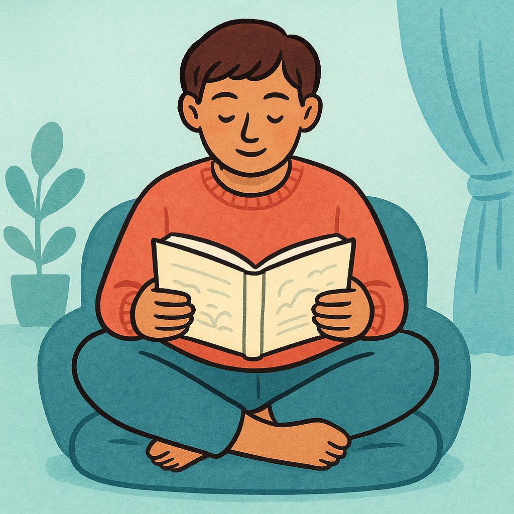 A simplified illustration showing a person sitting and focused on reading an open book held in their hands.
