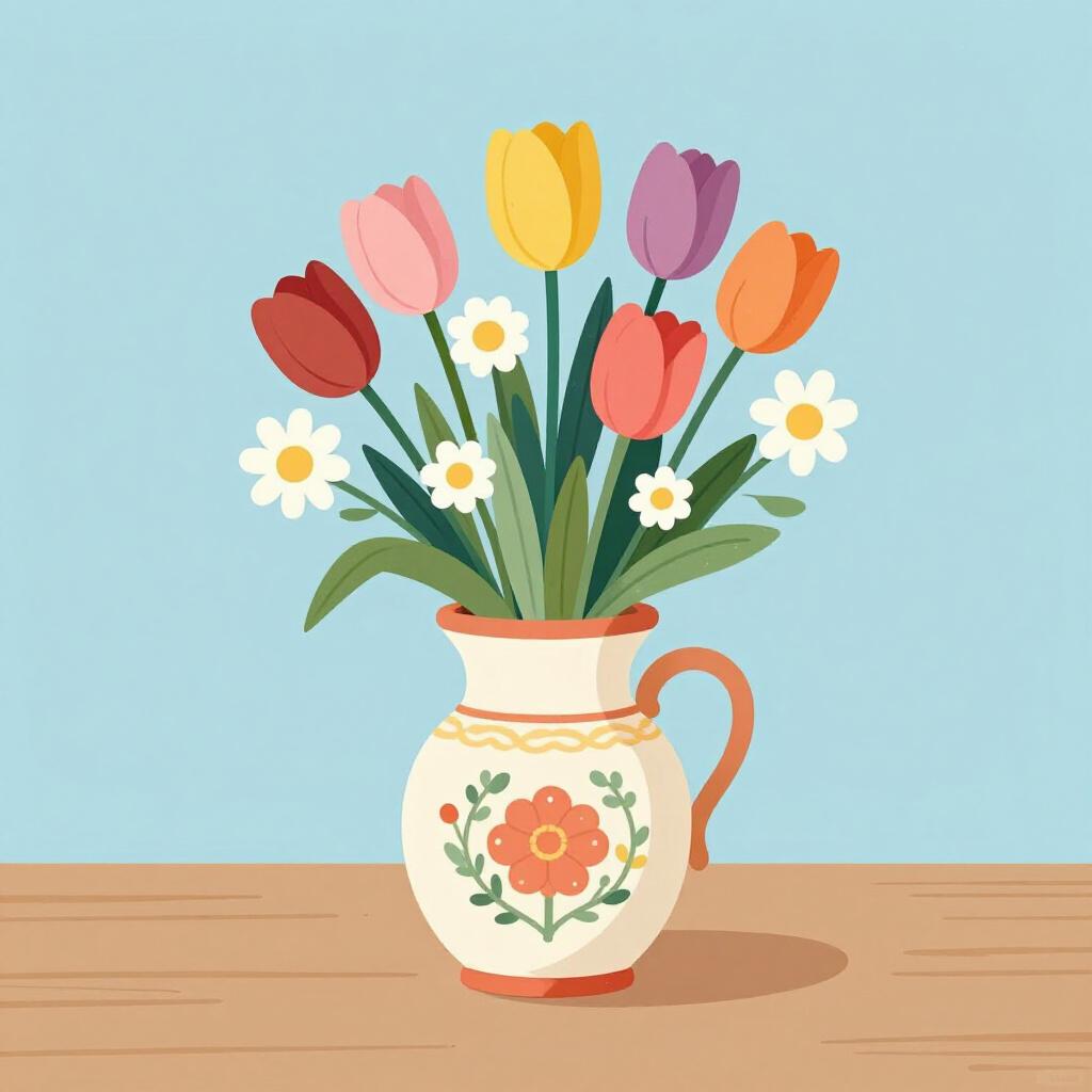 A decorative ceramic vase holding a bouquet of colorful flowers on a wooden table.